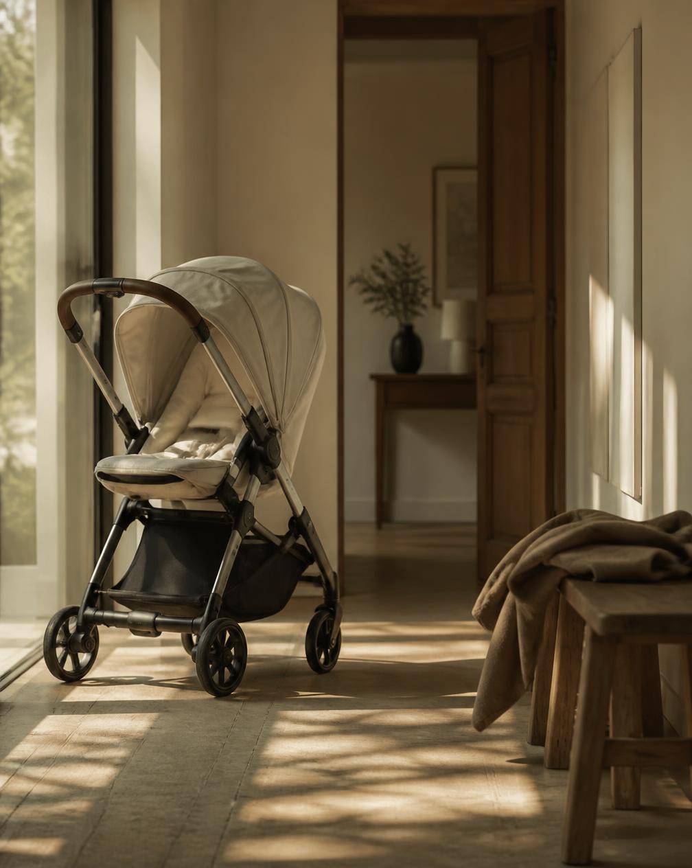 A stroller and folded coat waiting in a sunlit hallway