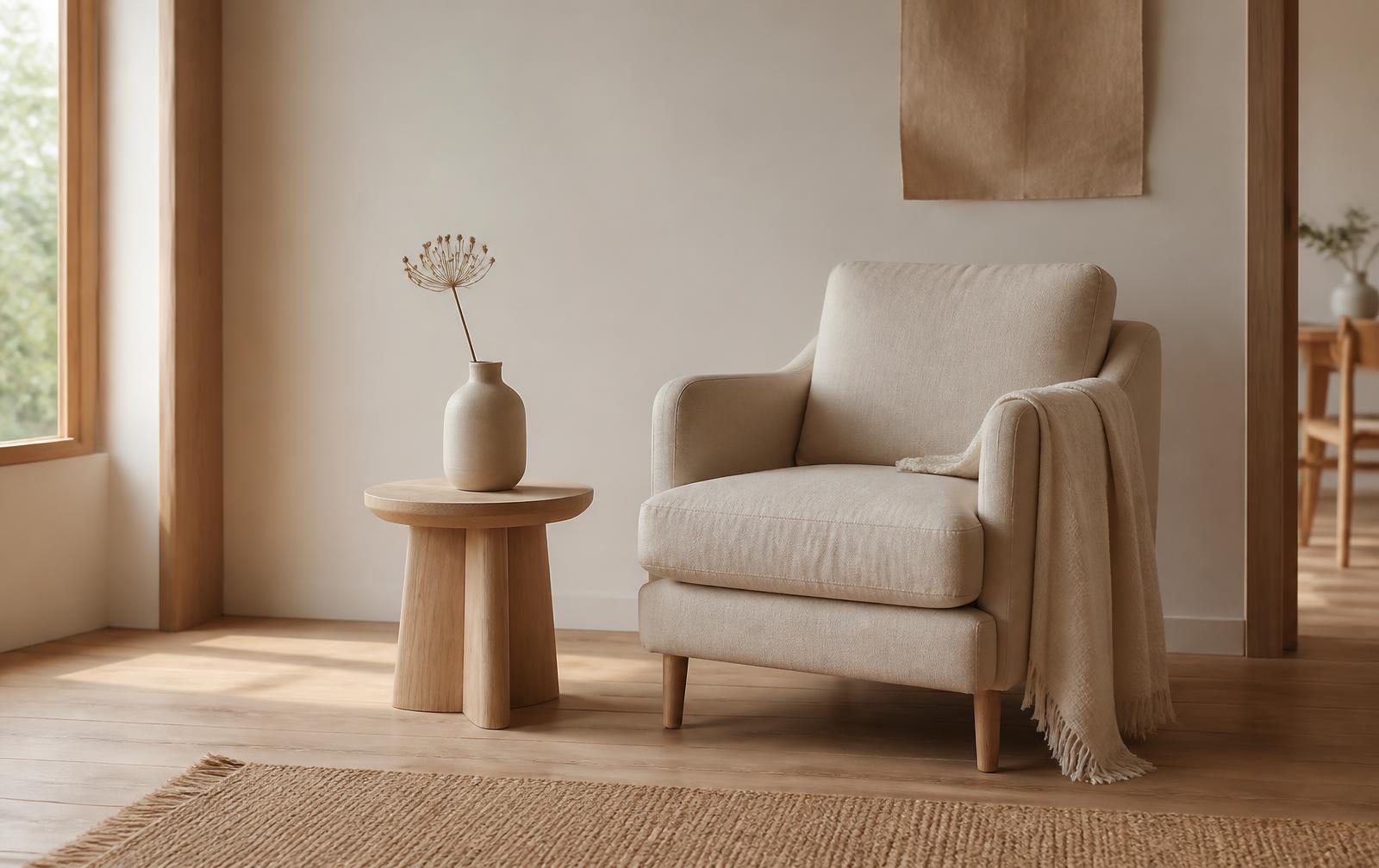 A calm, tidy corner of a home with a linen armchair, folded throw and soft daylight